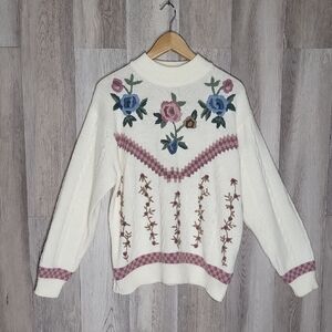 Alfred Dunner Womens XL Vintage Sweater Floral Embroidered Cable Knit Grannycore